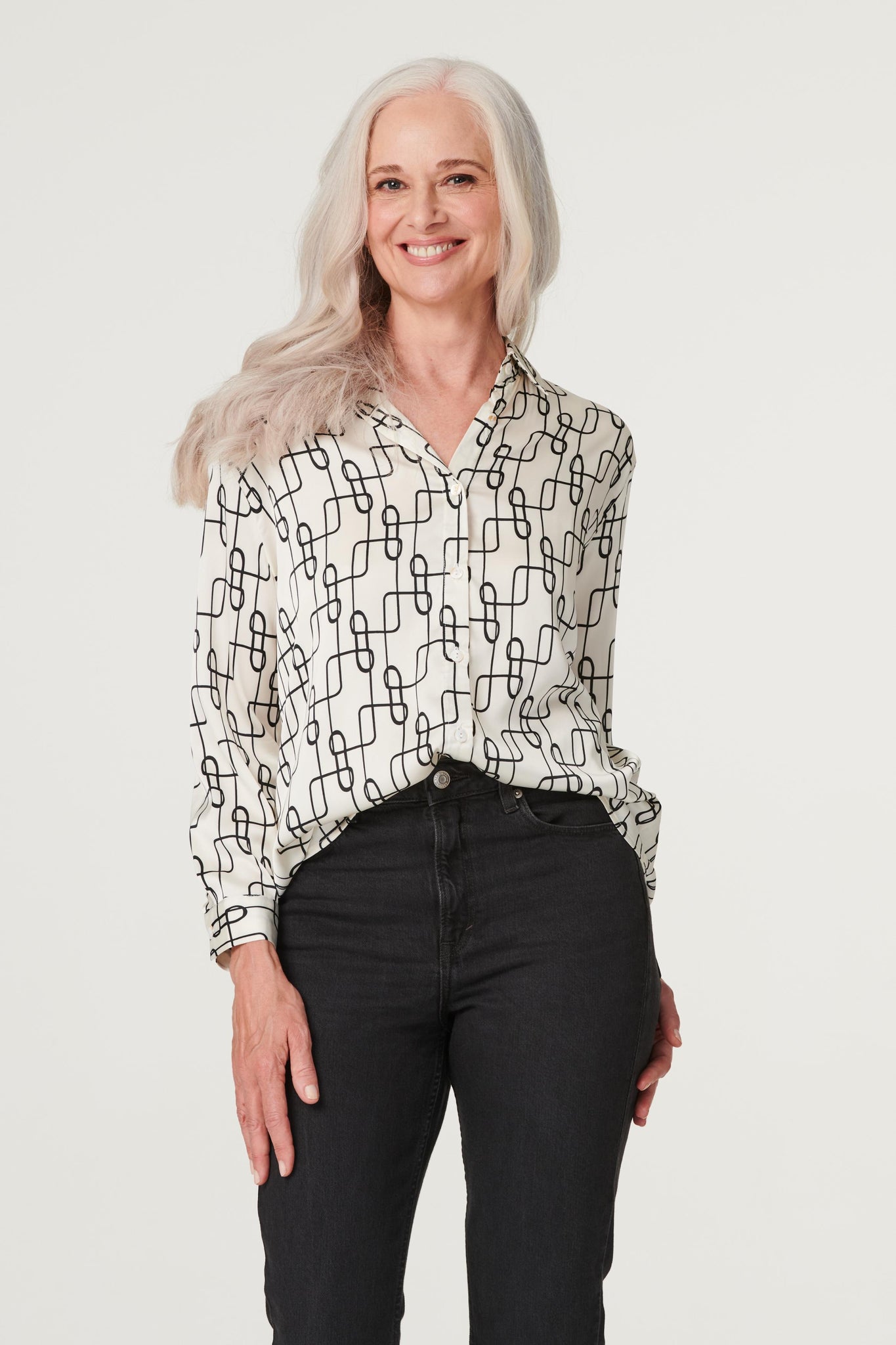 White | Geo Print Satin Shirt