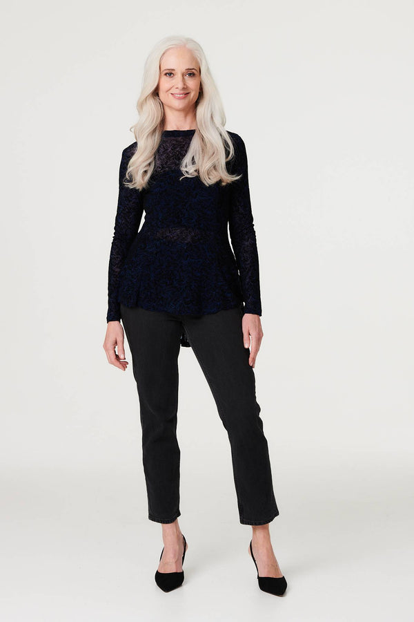 Navy | Sheer Lace Long Sleeve Peplum Top