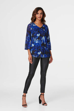 Blue | Leaf Print 3/4 Sleeve Blouse