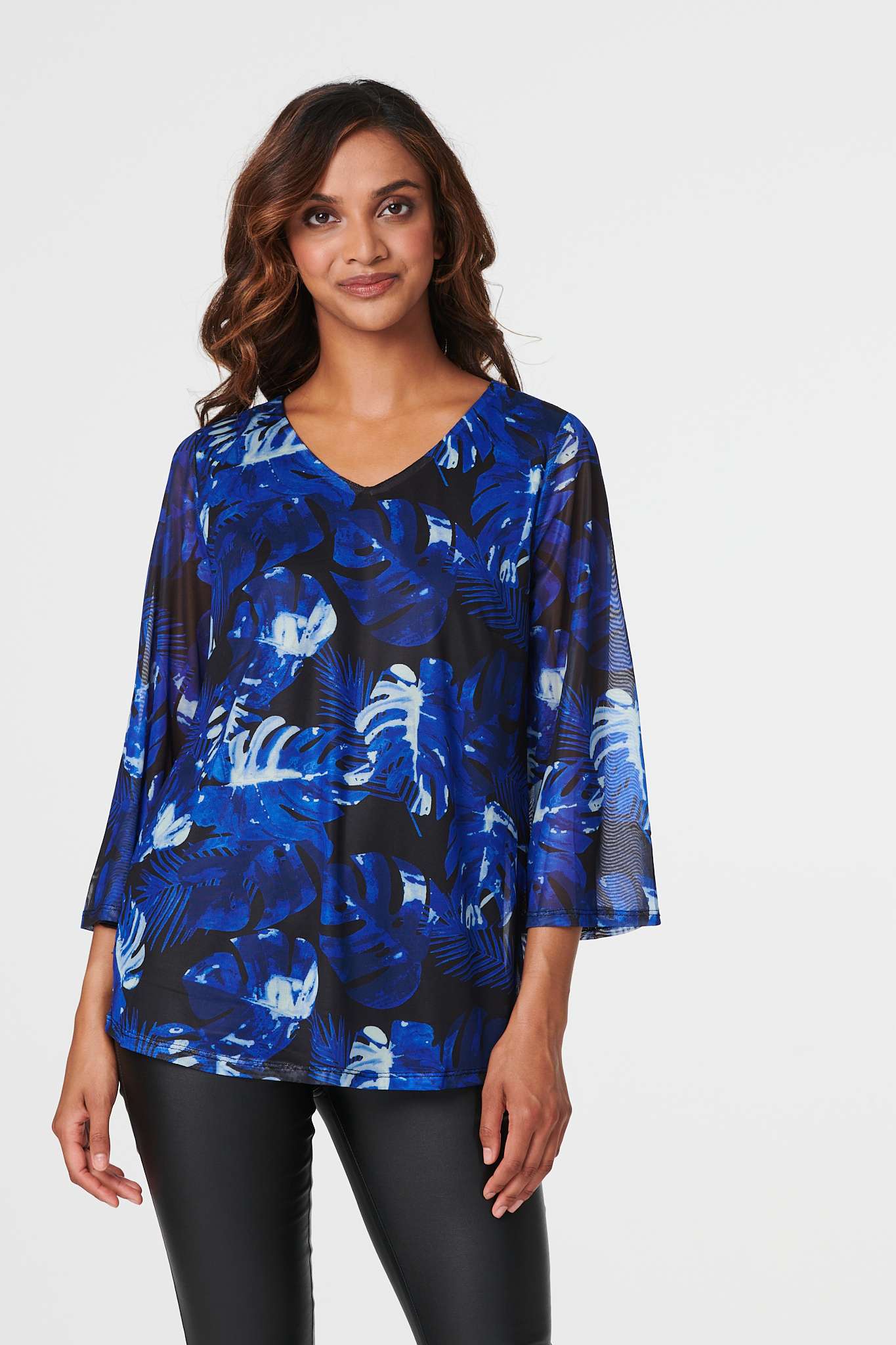 Blue | Leaf Print 3/4 Sleeve Blouse