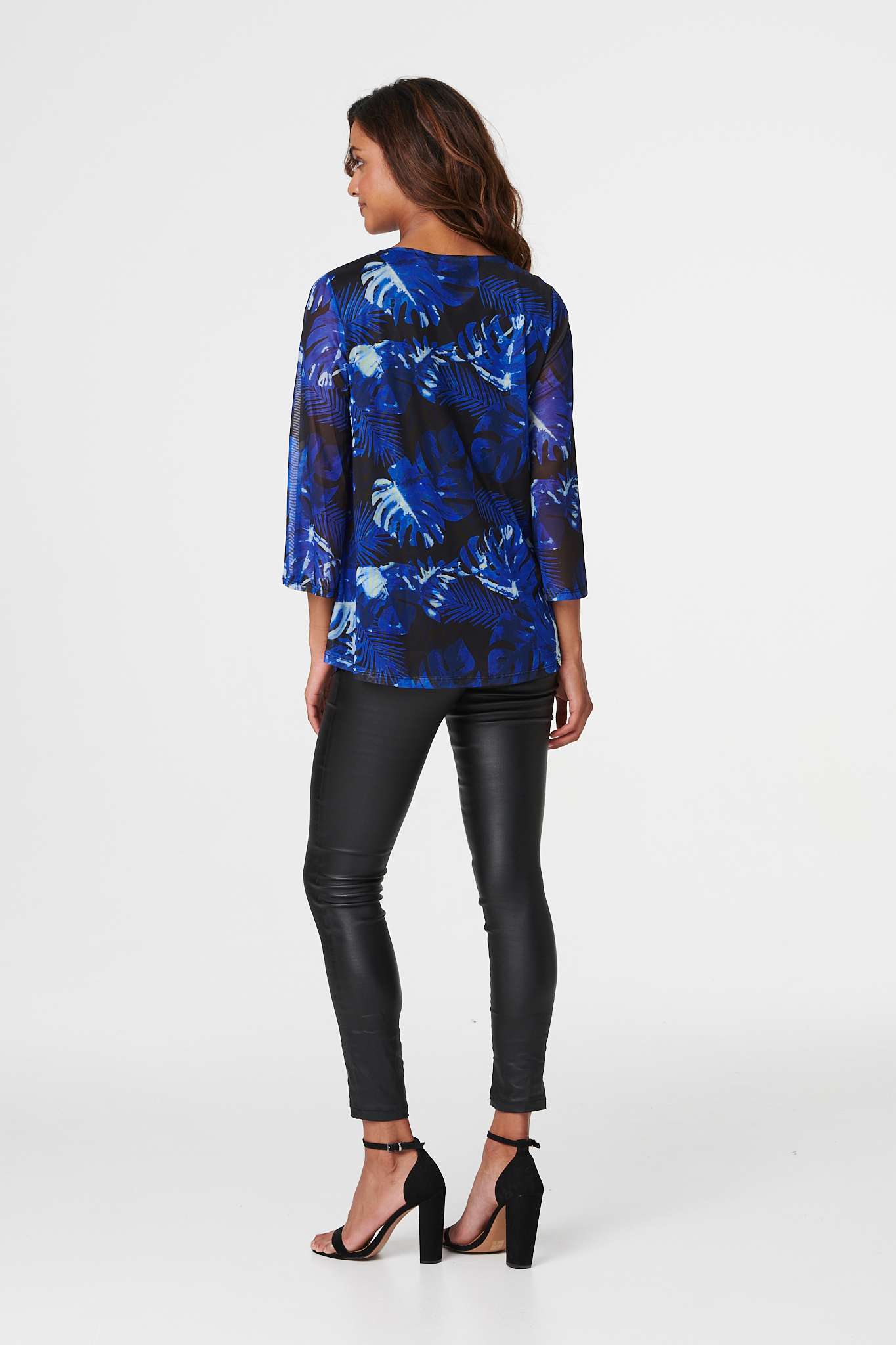 Blue | Leaf Print 3/4 Sleeve Blouse