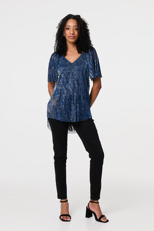 Blue | Semi Sheer Glittery Short Sleeve Top
