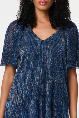 Blue | Semi Sheer Glittery Short Sleeve Top
