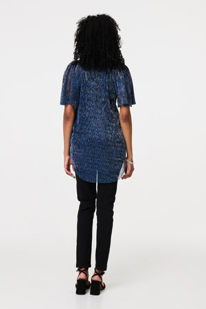 Blue | Semi Sheer Glittery Short Sleeve Top
