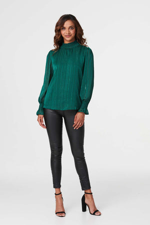 Green | High Neck Shirred Detail Blouse