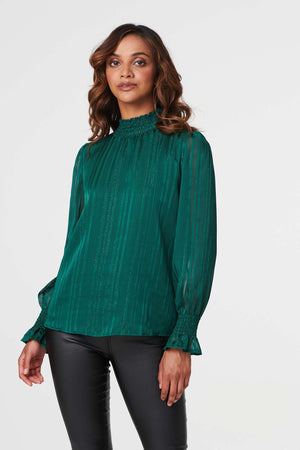 Green | High Neck Shirred Detail Blouse