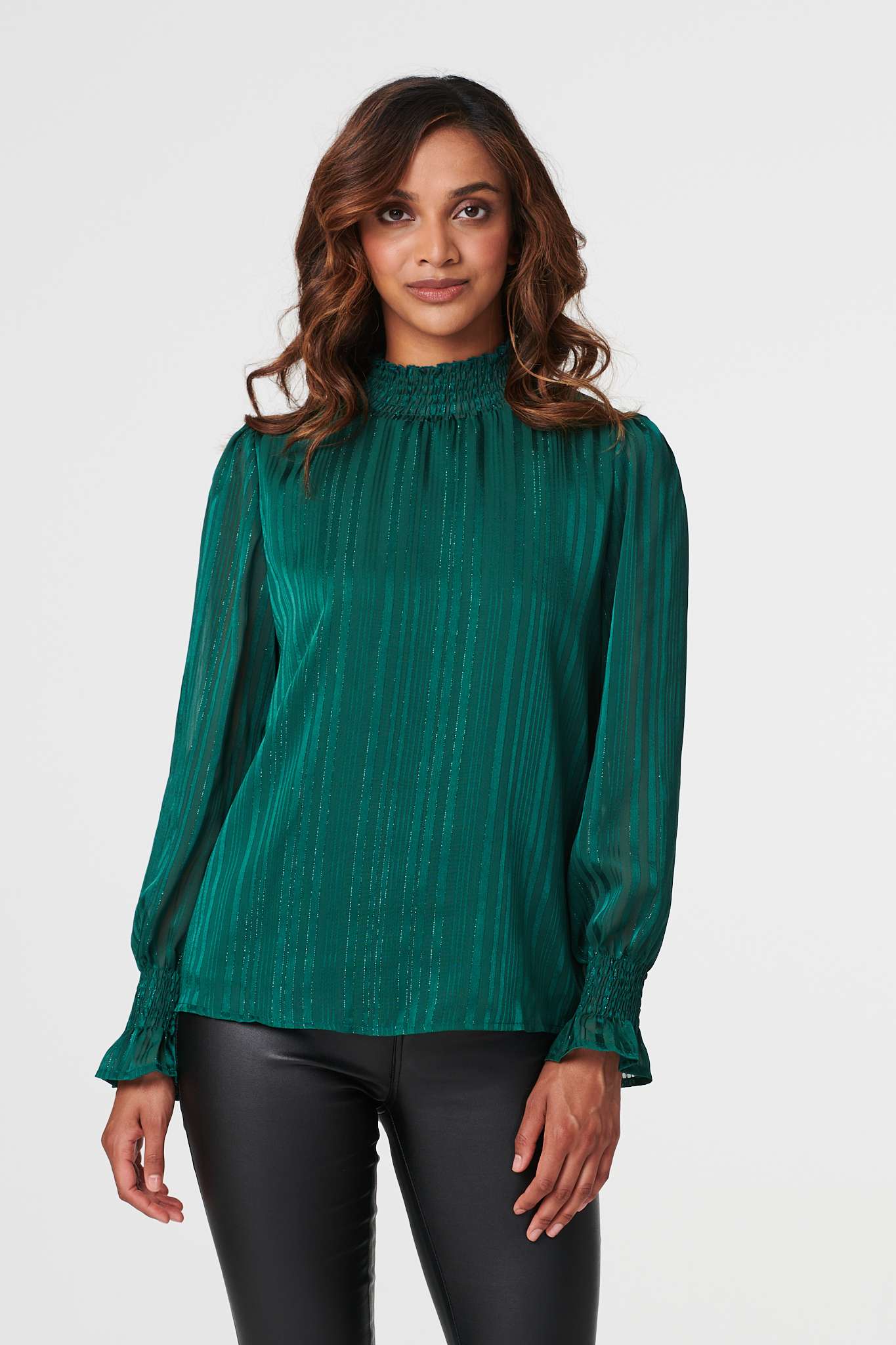 Green | High Neck Shirred Detail Blouse