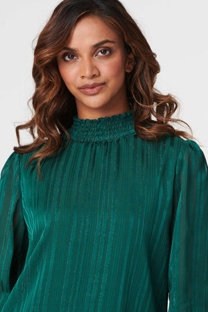 Green | High Neck Shirred Detail Blouse