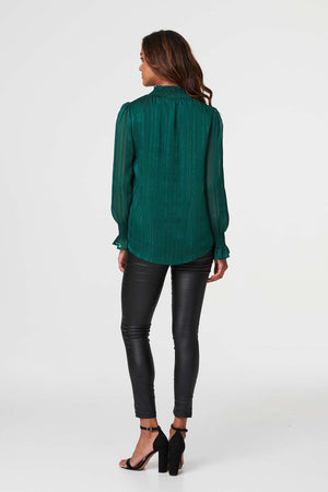 Green | High Neck Shirred Detail Blouse
