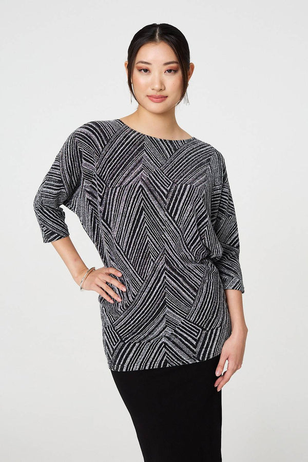 Silver | Striped Metallic 3/4 Batwing Sleeve Top
