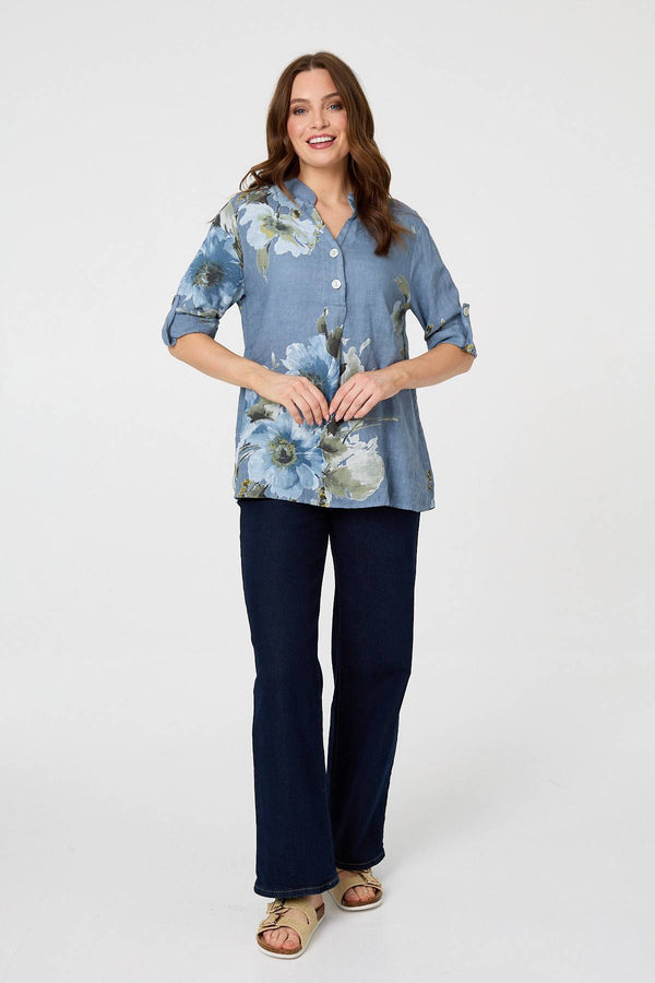 Blue | Floral Relaxed Turn-Up Sleeve Blouse
