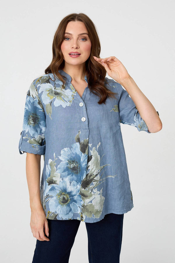 Blue | Floral Relaxed Turn-Up Sleeve Blouse : Model is 5'9"/175 cm and wears UK8/EU36/US4/AUS8