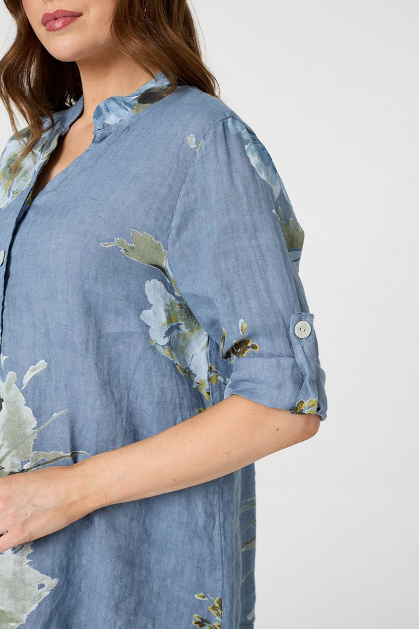 Blue | Floral Relaxed Turn-Up Sleeve Blouse
