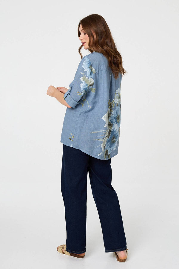 Blue | Floral Relaxed Turn-Up Sleeve Blouse
