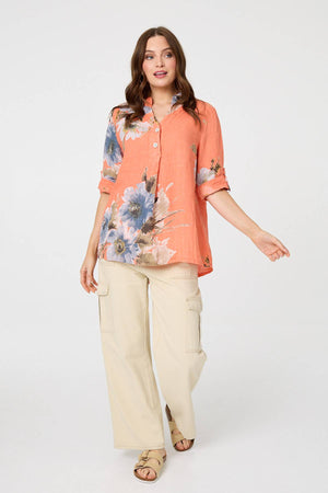 Orange | Floral Relaxed Turn-Up Sleeve Blouse
