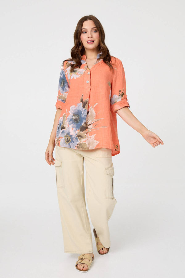 Orange | Floral Relaxed Turn-Up Sleeve Blouse
