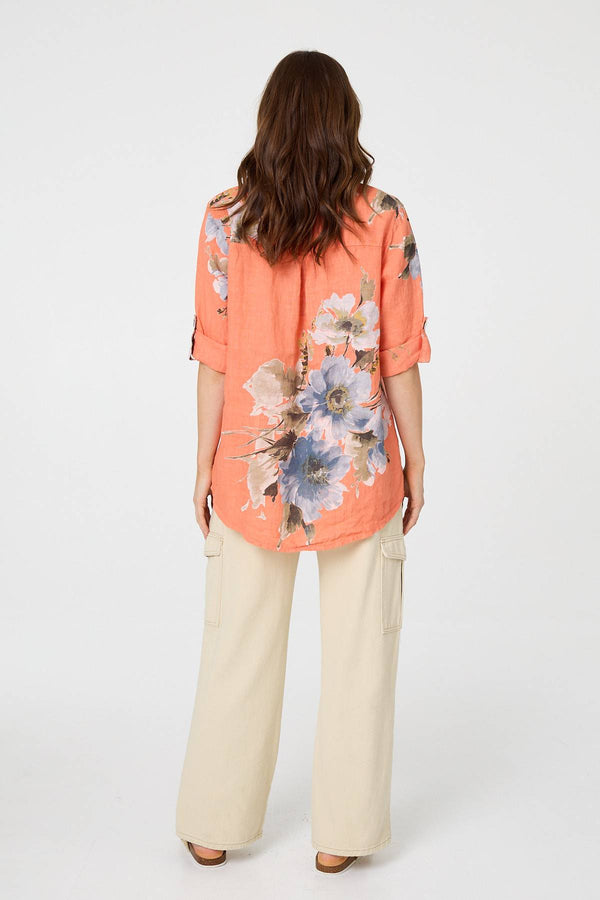 Orange | Floral Relaxed Turn-Up Sleeve Blouse
