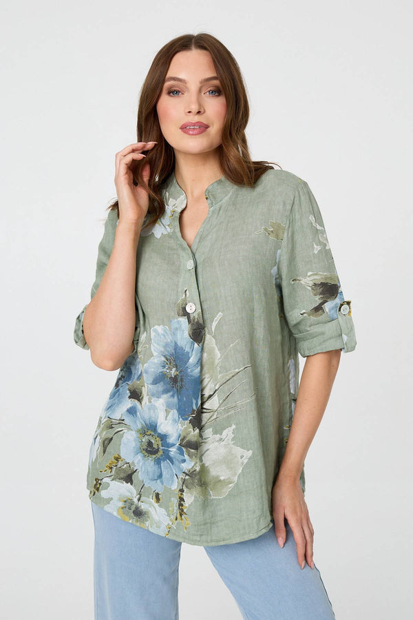 Sage | Floral Relaxed Turn-Up Sleeve Blouse : Model is 5'9"/175 cm and wears UK8/EU36/US4/AUS8
