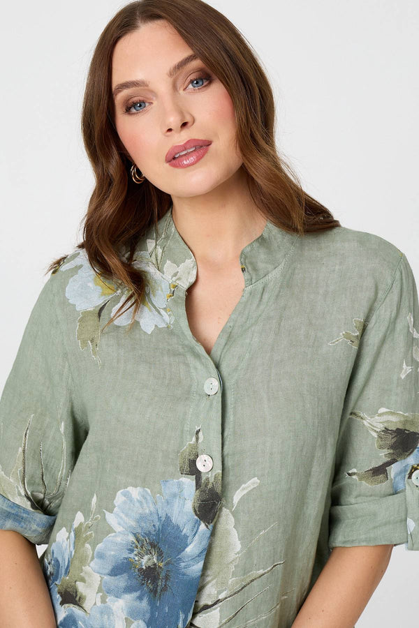 Sage | Floral Relaxed Turn-Up Sleeve Blouse
