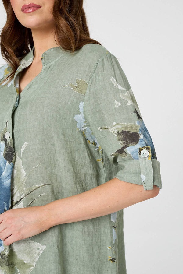 Sage | Floral Relaxed Turn-Up Sleeve Blouse
