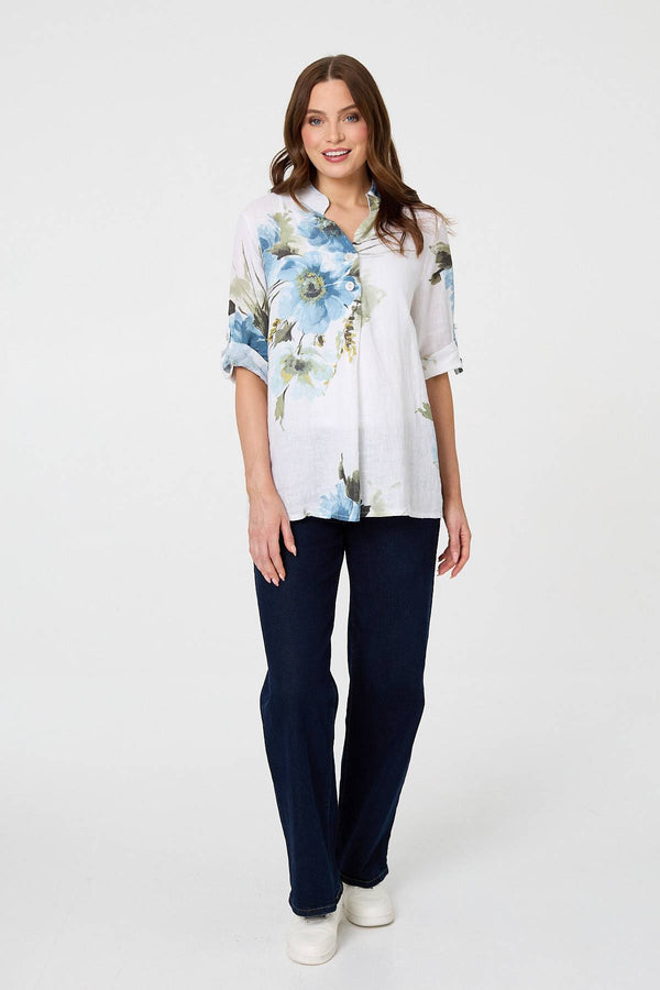 White | Floral Relaxed Turn-Up Sleeve Blouse
