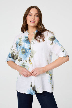 White | Floral Relaxed Turn-Up Sleeve Blouse : Model is 5'9