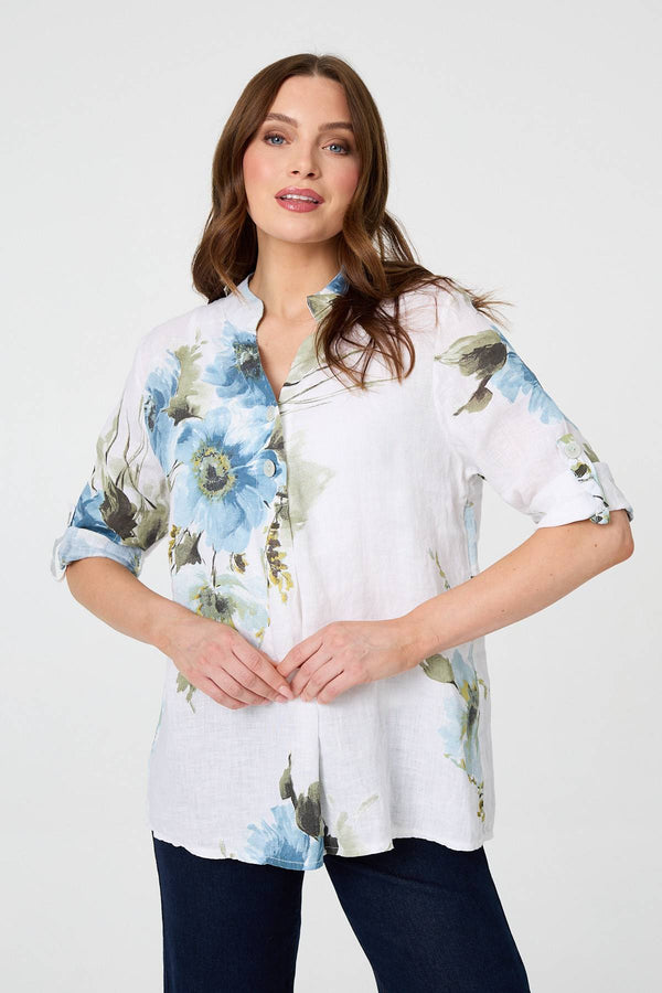 White | Floral Relaxed Turn-Up Sleeve Blouse : Model is 5'9"/175 cm and wears UK8/EU36/US4/AUS8