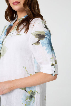 White | Floral Relaxed Turn-Up Sleeve Blouse

