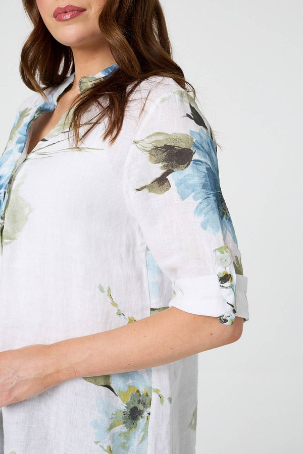 White | Floral Relaxed Turn-Up Sleeve Blouse
