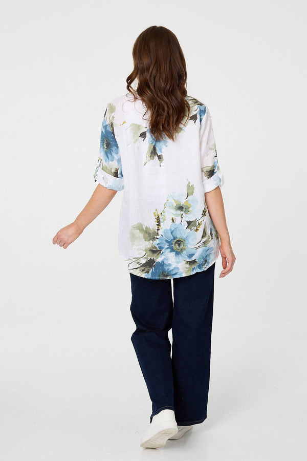 White | Floral Relaxed Turn-Up Sleeve Blouse
