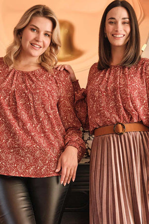 Red | Printed Shirred Cuff Blouse Top