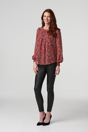 Red | Printed Shirred Cuff Blouse Top