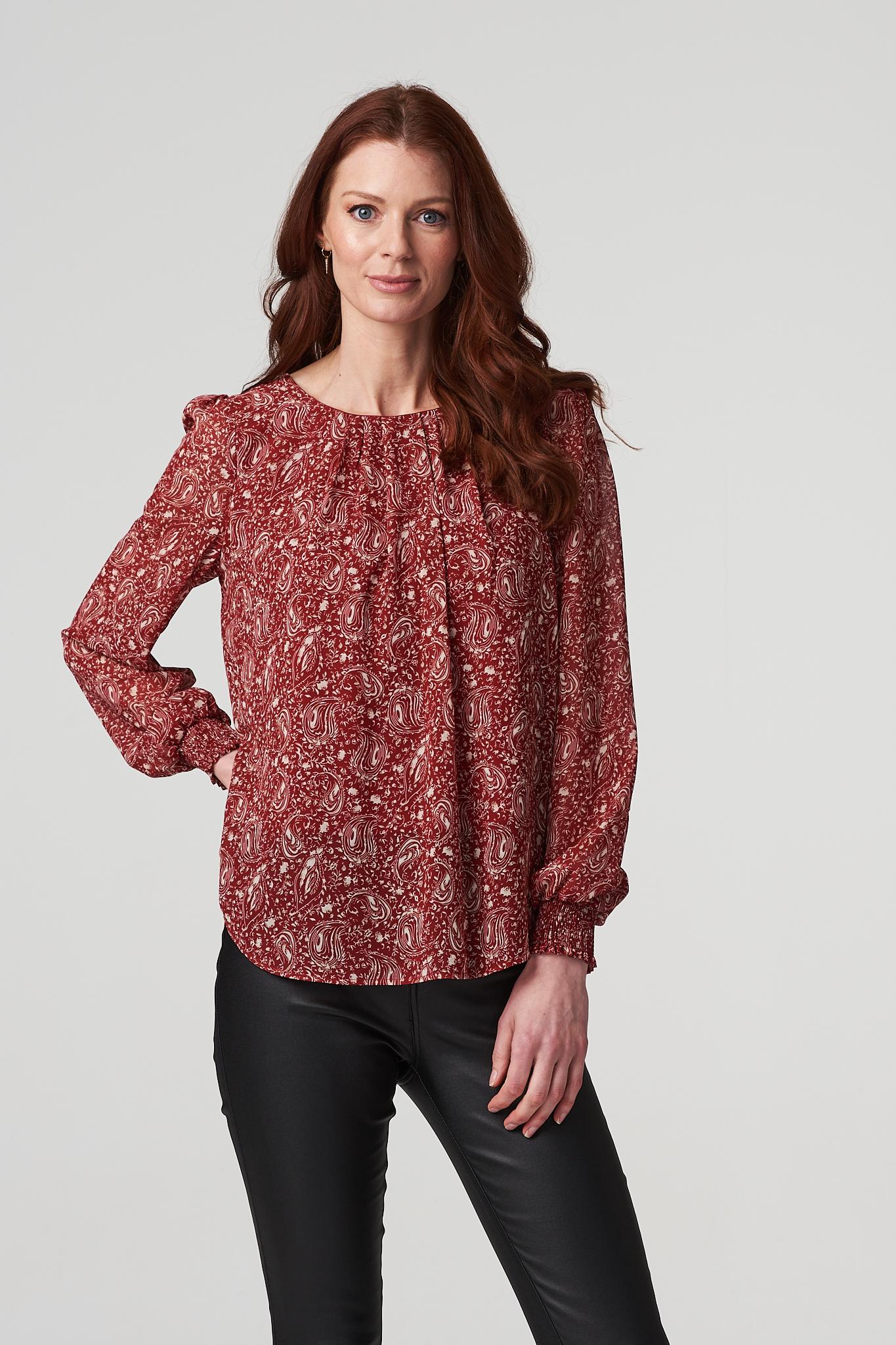 Red | Printed Shirred Cuff Blouse Top