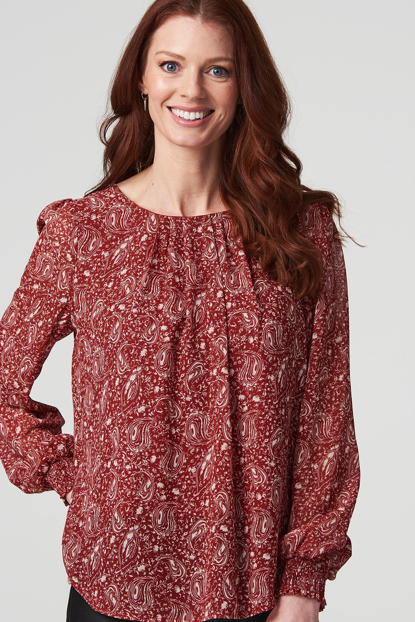 Red | Printed Shirred Cuff Blouse Top