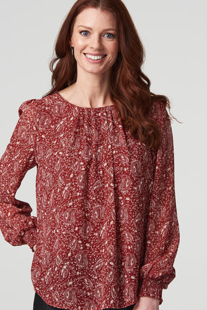 Red | Printed Shirred Cuff Blouse Top