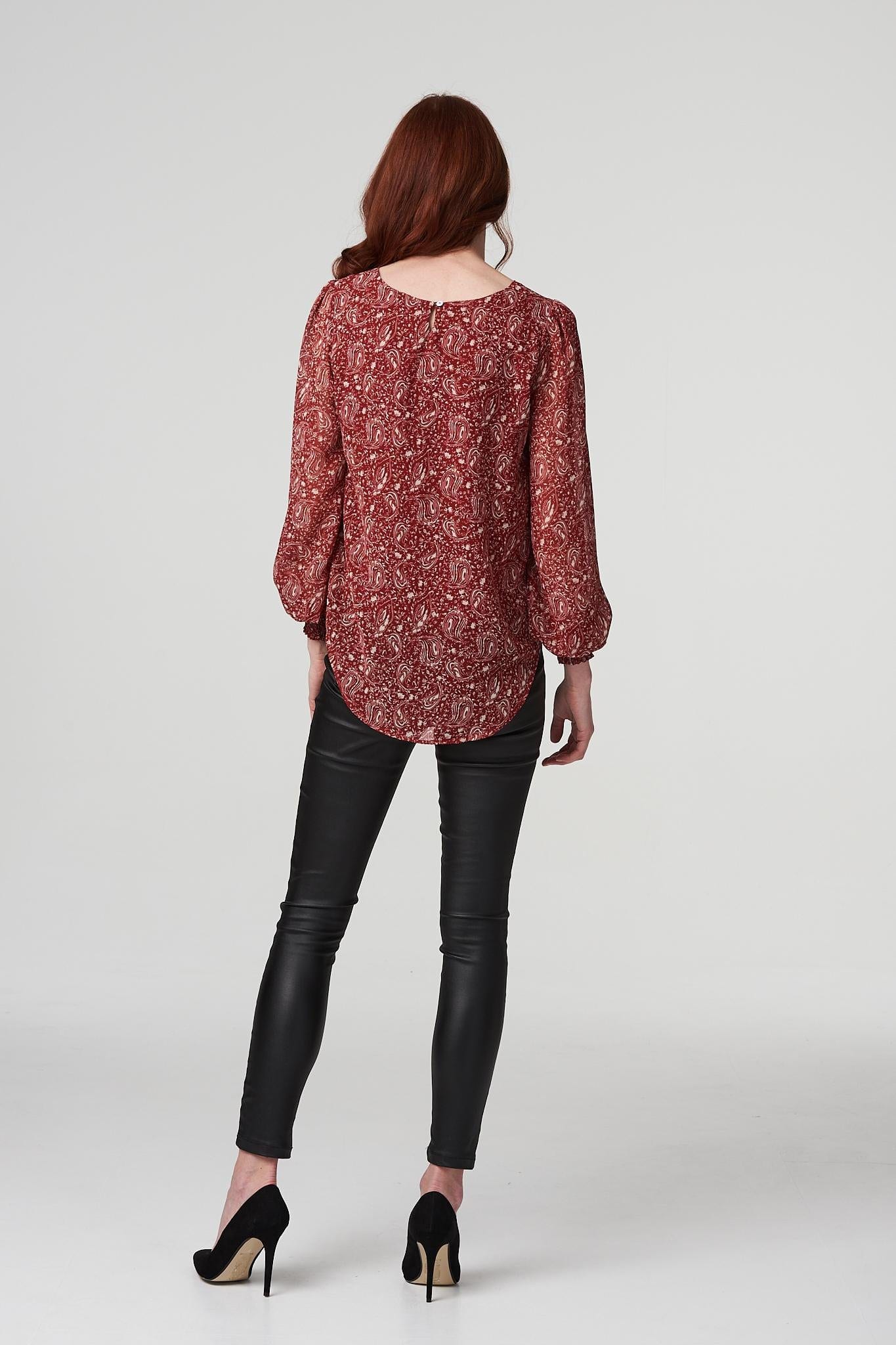 Red | Printed Shirred Cuff Blouse Top