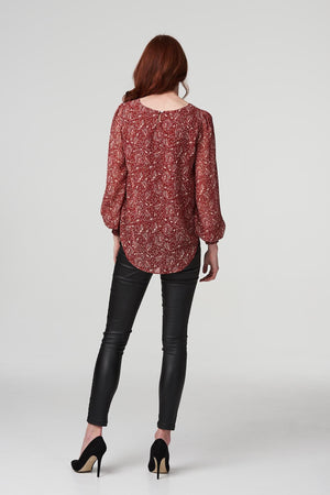 Red | Printed Shirred Cuff Blouse Top