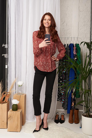 Red | Printed Shirred Cuff Blouse Top