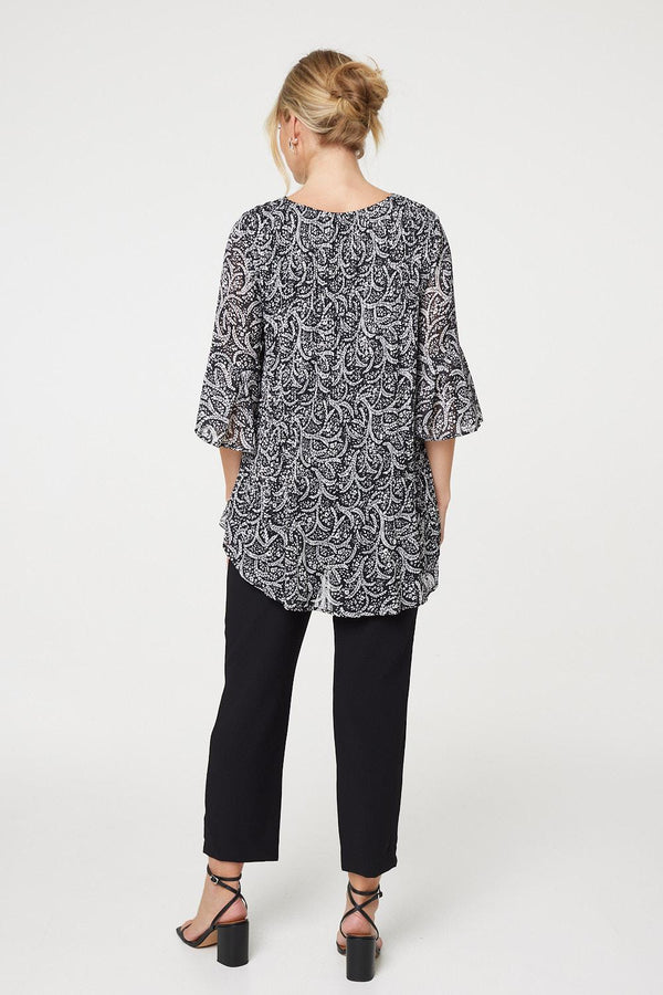 Black | Leaf Print 3/4 Sleeve High Low Blouse
