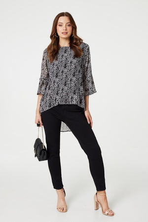 Black And White | Ditsy Floral Flare Sleeve Curve Hem Blouse