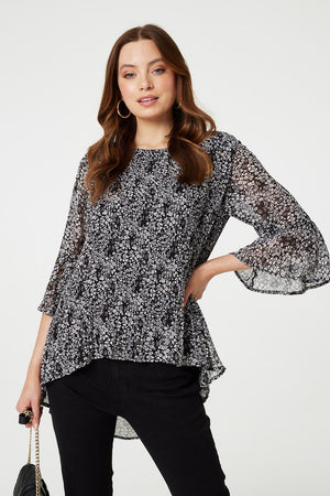 Black And White | Ditsy Floral Flare Sleeve Curve Hem Blouse