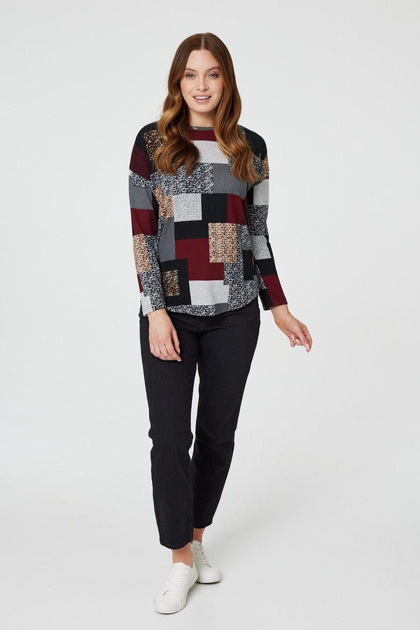 Burgundy | Patchwork Long Sleeve Relaxed Top