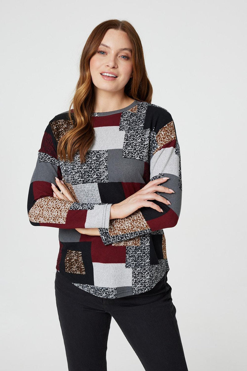 Burgundy | Patchwork Long Sleeve Relaxed Top