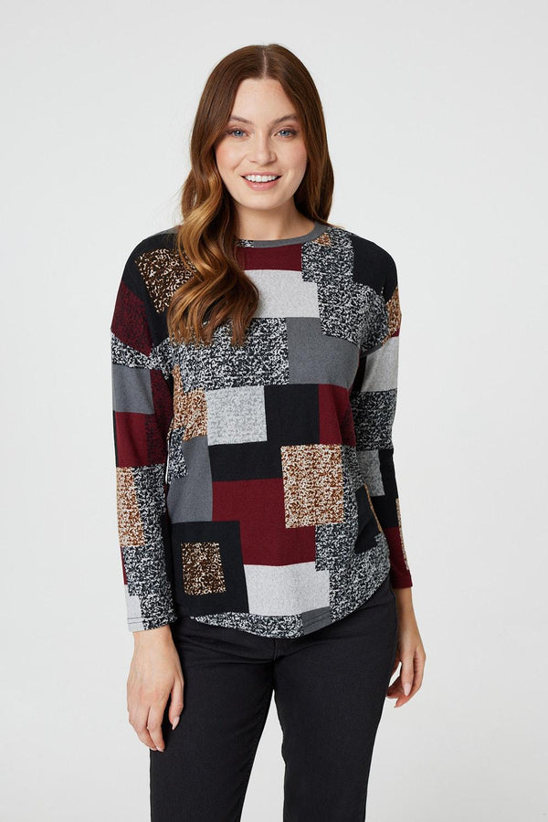 Burgundy | Patchwork Long Sleeve Relaxed Top