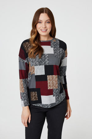 Burgundy | Patchwork Long Sleeve Relaxed Top
