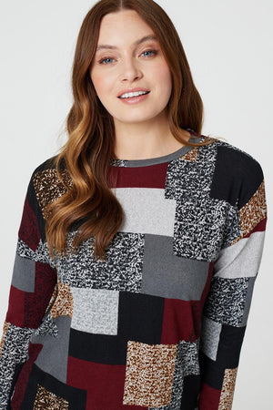 Burgundy | Patchwork Long Sleeve Relaxed Top