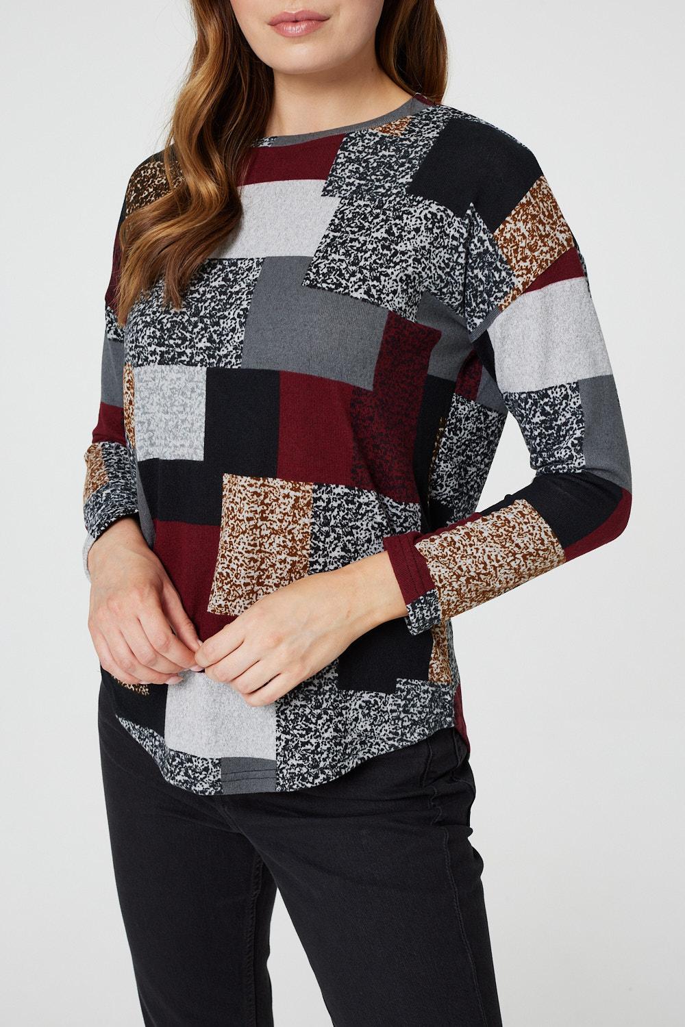 Burgundy | Patchwork Long Sleeve Relaxed Top