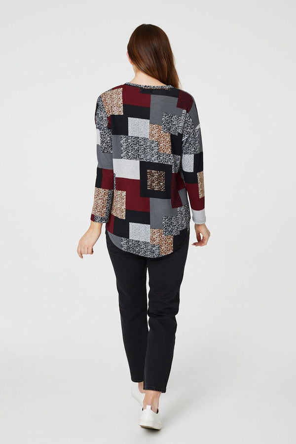 Burgundy | Patchwork Long Sleeve Relaxed Top