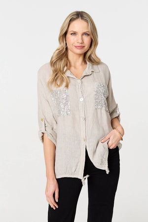 Beige | Sequin Detail 3/4 Turn-Up Sleeve Shirt : Model is 5'10