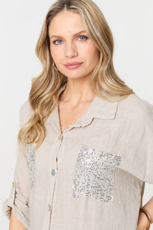 Beige | Sequin Detail 3/4 Turn-Up Sleeve Shirt
